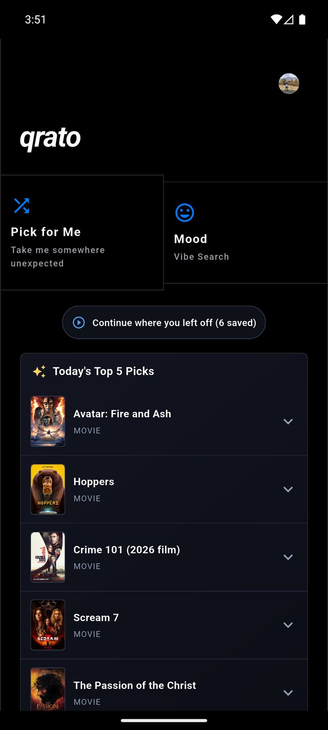 Qrato home screen with Pick for Me, Mood search, and today's top picks