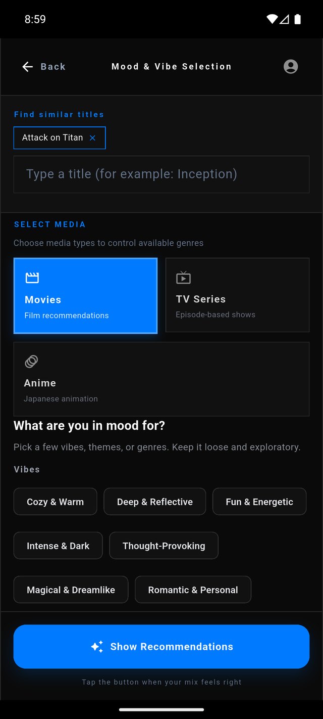 Qrato mood and vibe selection screen with genre and media type filters