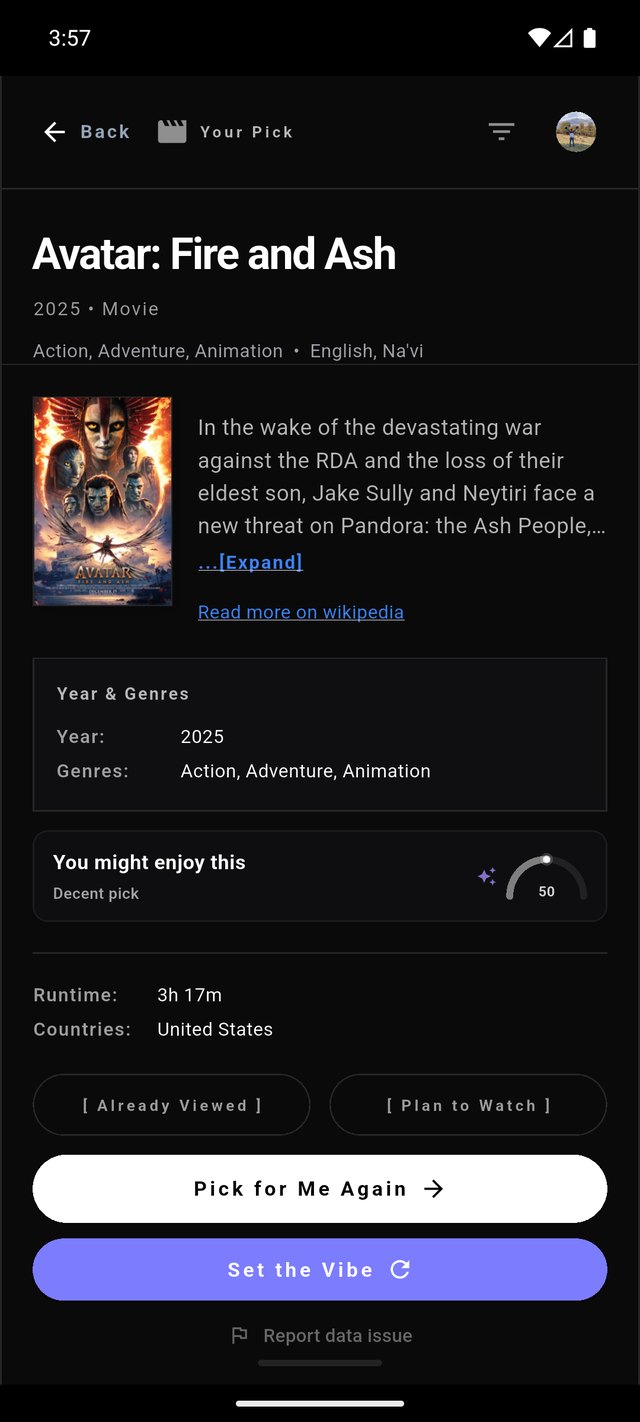 Qrato recommendation detail screen with match score and synopsis